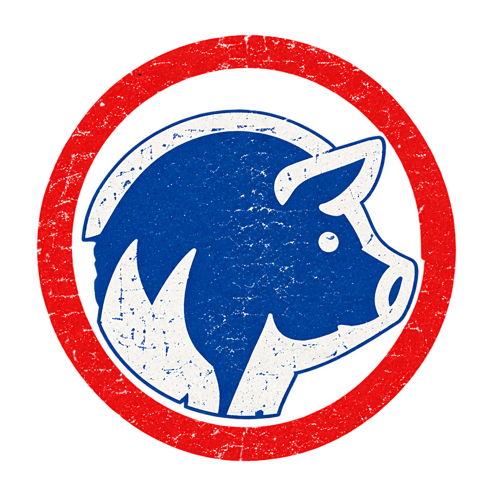 Roast Valley Farm emblem: a pig inside a red ring